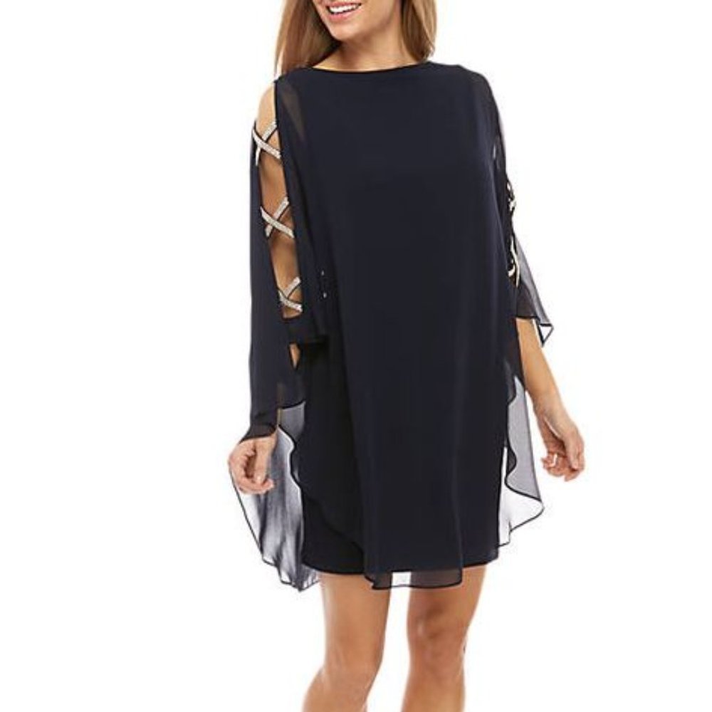 NWT Xscape Navy Blue Sheer Cape Rhinestone Cut-out Cocktail Gown Dress